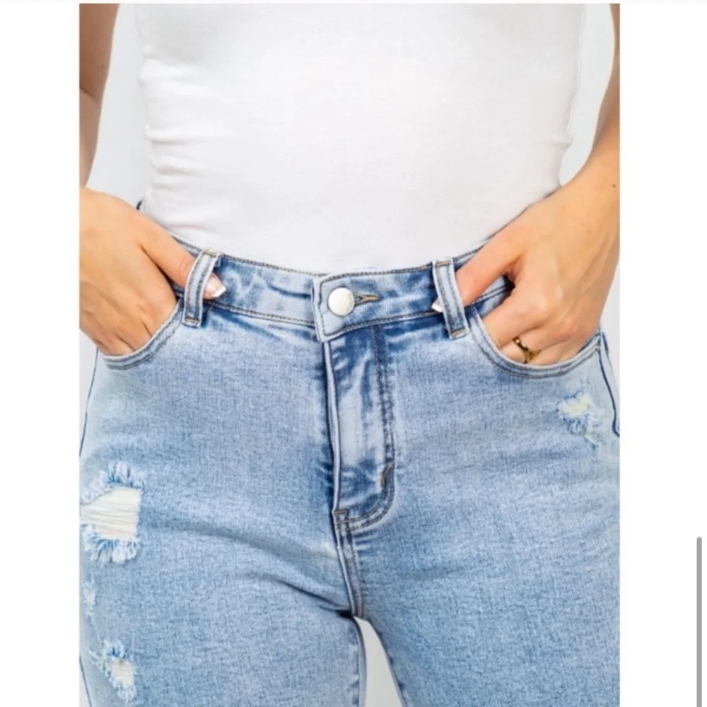 Plus Size Light Wash Distressed Bermuda Denim Shorts – High Rise, Super Stretchy